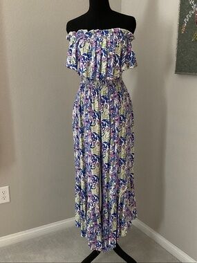 Lush Off-Shoulder Floral Jumpsuit in Blue, Purple & Green